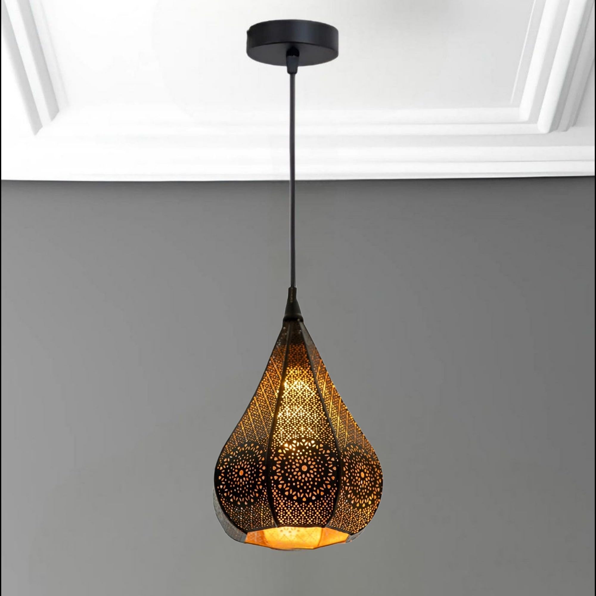 Metal Black Lezer Cutting Shape Pendant Lamp | Hanging Lamp for Living Room| Ceiling Lamp for Bedroom, Kitchen, Balcony, Restaurant (Lazer 3, with Bulb)-image-36