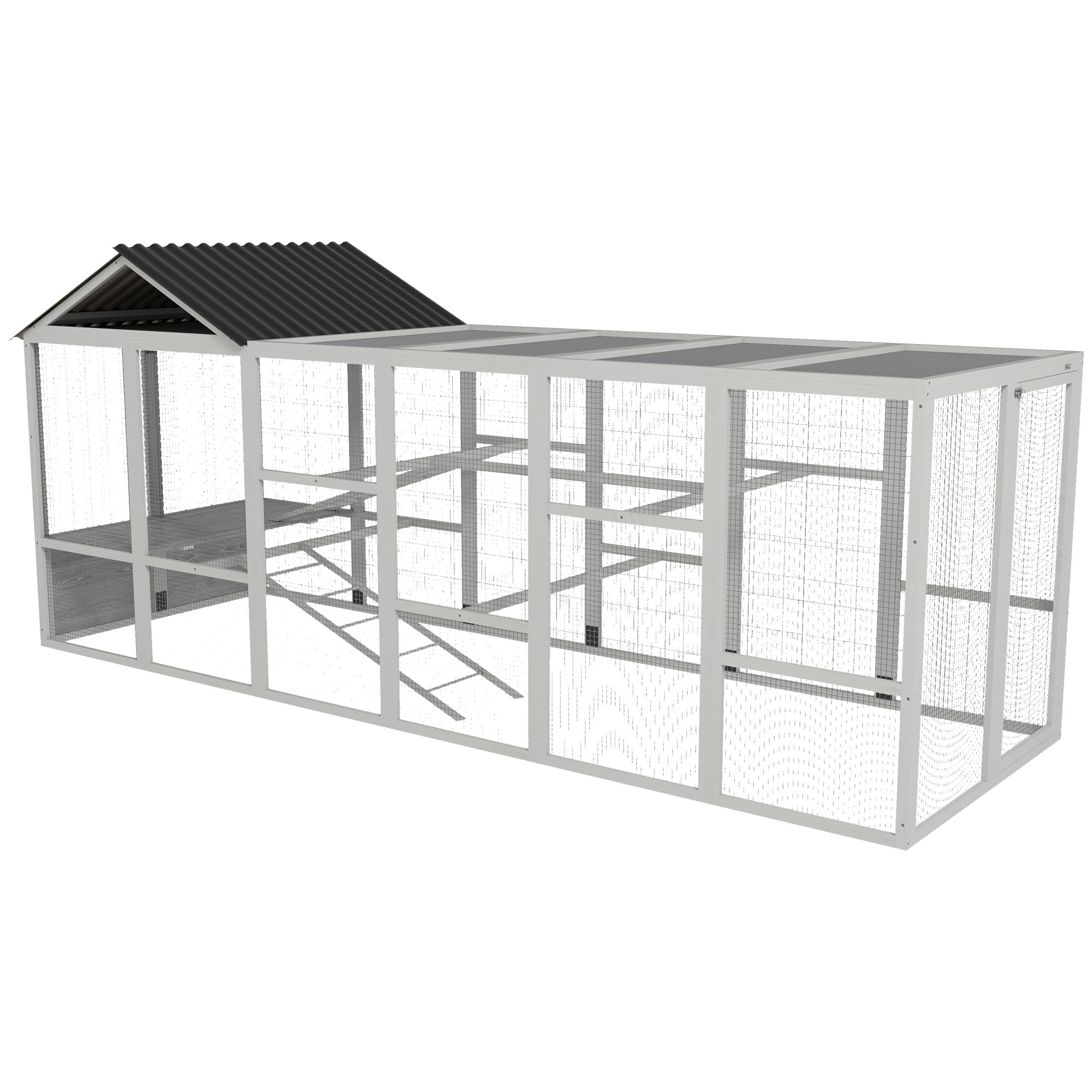 PawHut Wooden Chicken Coop Run for 6-10 Chickens, Hen House, Poultry Cage Add-On with Storage, Perches, 141.75" x 48" x 61", Gray