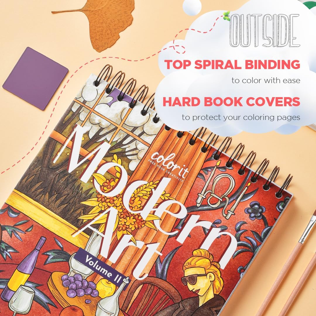 ColorIt Modern Art, Volume II Spiral Bound Adult Coloring Book for Stress Relief, 50 Drawings Inspired by Famous Paintings, Thick Paper Perforated Pages, Lay Flat Hardback Book Covers, Ink Blotter