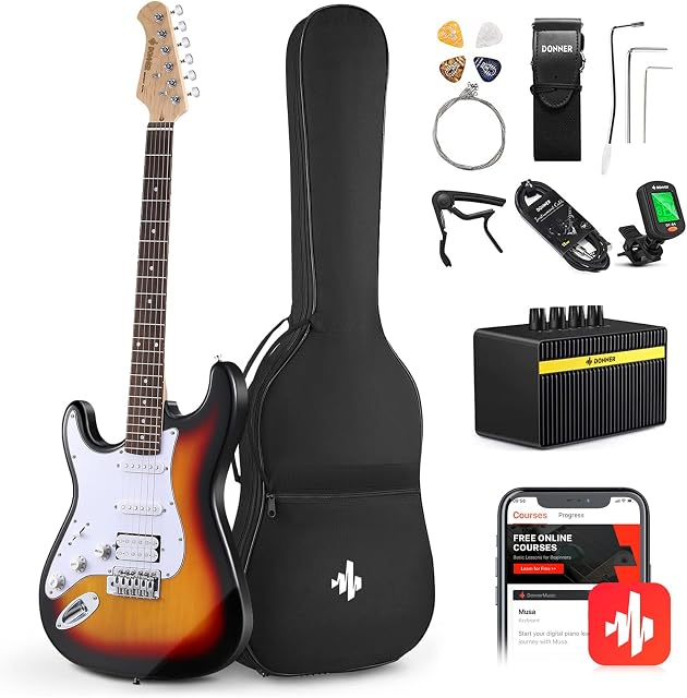 Donner 39 Inch Left-Handed Electric Guitar Kit Solid Body Sunburst Lefty Beginner Set Full-Size with Amplifier Bag Capo Strap String Tuner Cable Picks DST-100SL