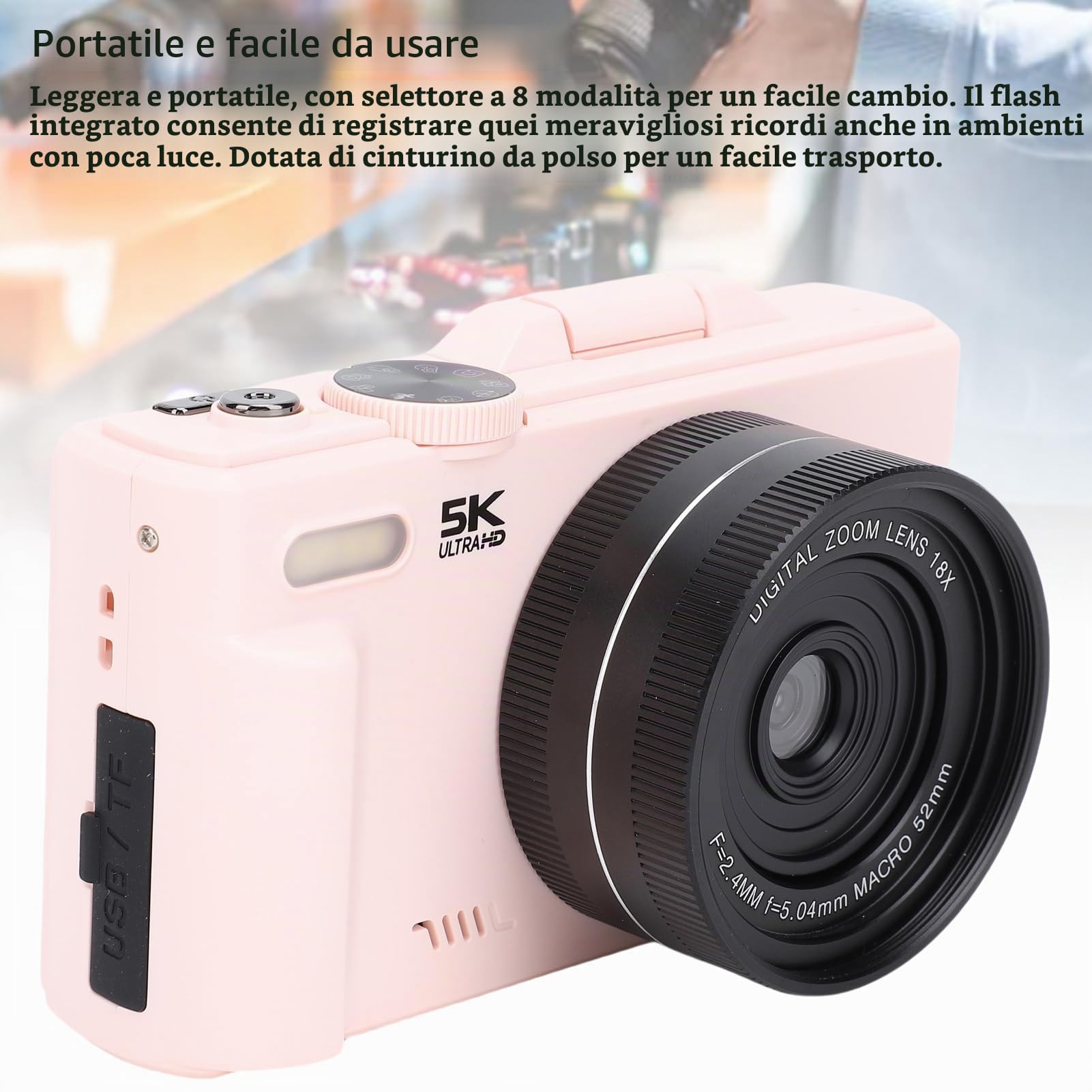Fotocamera Digitale 5K per Fotografia, Videocamere Vlog Compatte Wi-Fi da 75 MP, Autofocus UHD, Schermo Orientabile a 180° da 3'' con Flash, Zoom 18X, Anti-vibrazione