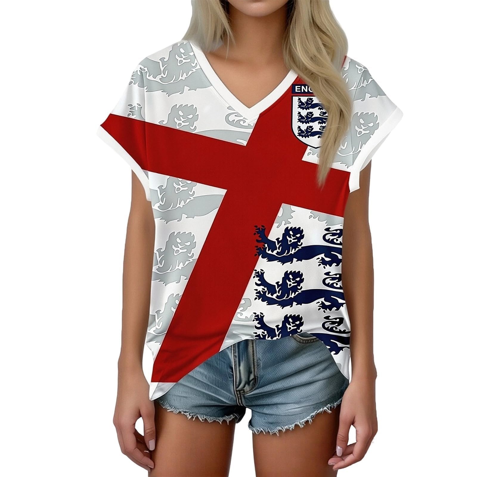 Retro England Football Shirt 2026 World Cup, Jersey Tops for Women Ladies England T Shirts Womens Football Top, V Neck Lightweight Breathable Classic Soccer Shirt Training Summer Sport Fans (S)