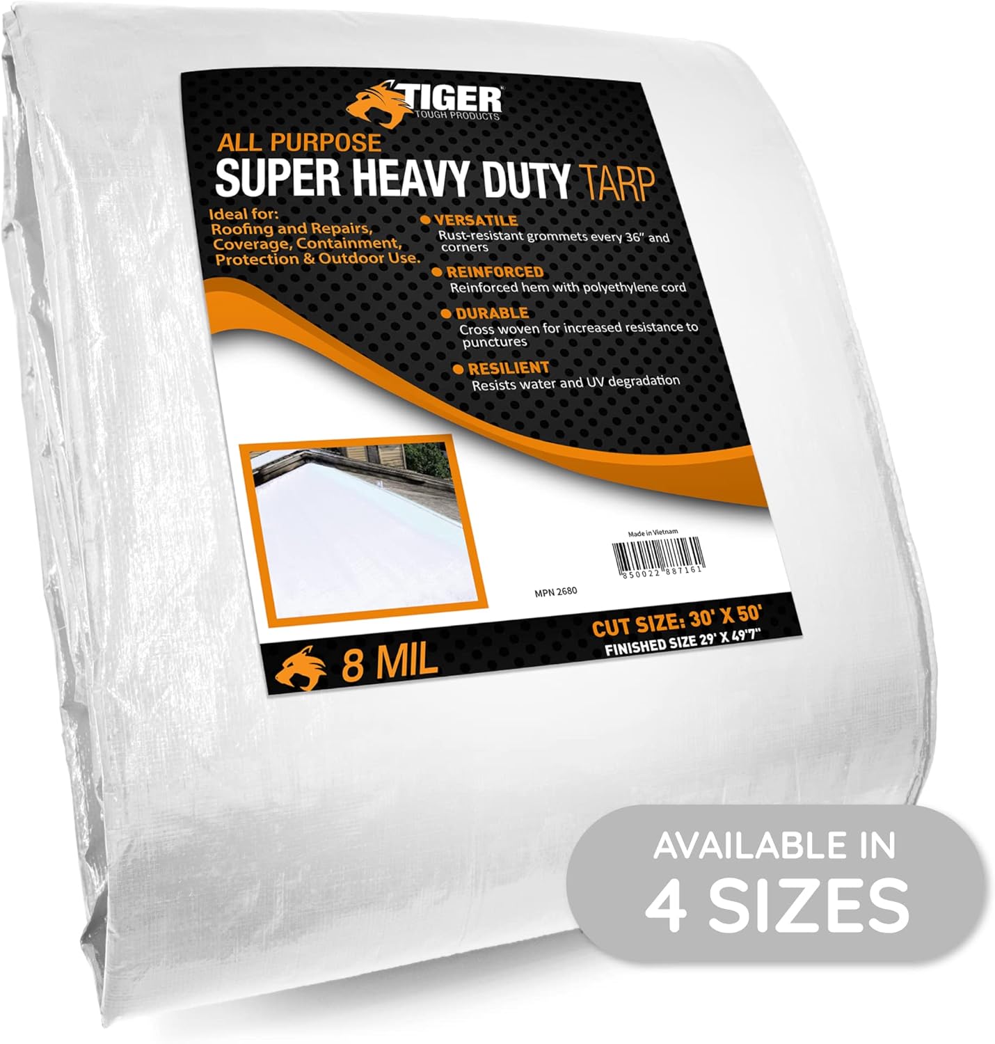Durable & Industrial Strength | Super Heavy Duty & Waterproof | 20’ x 30’ All Purpose 8 MIL White Tarp by Tiger Tough