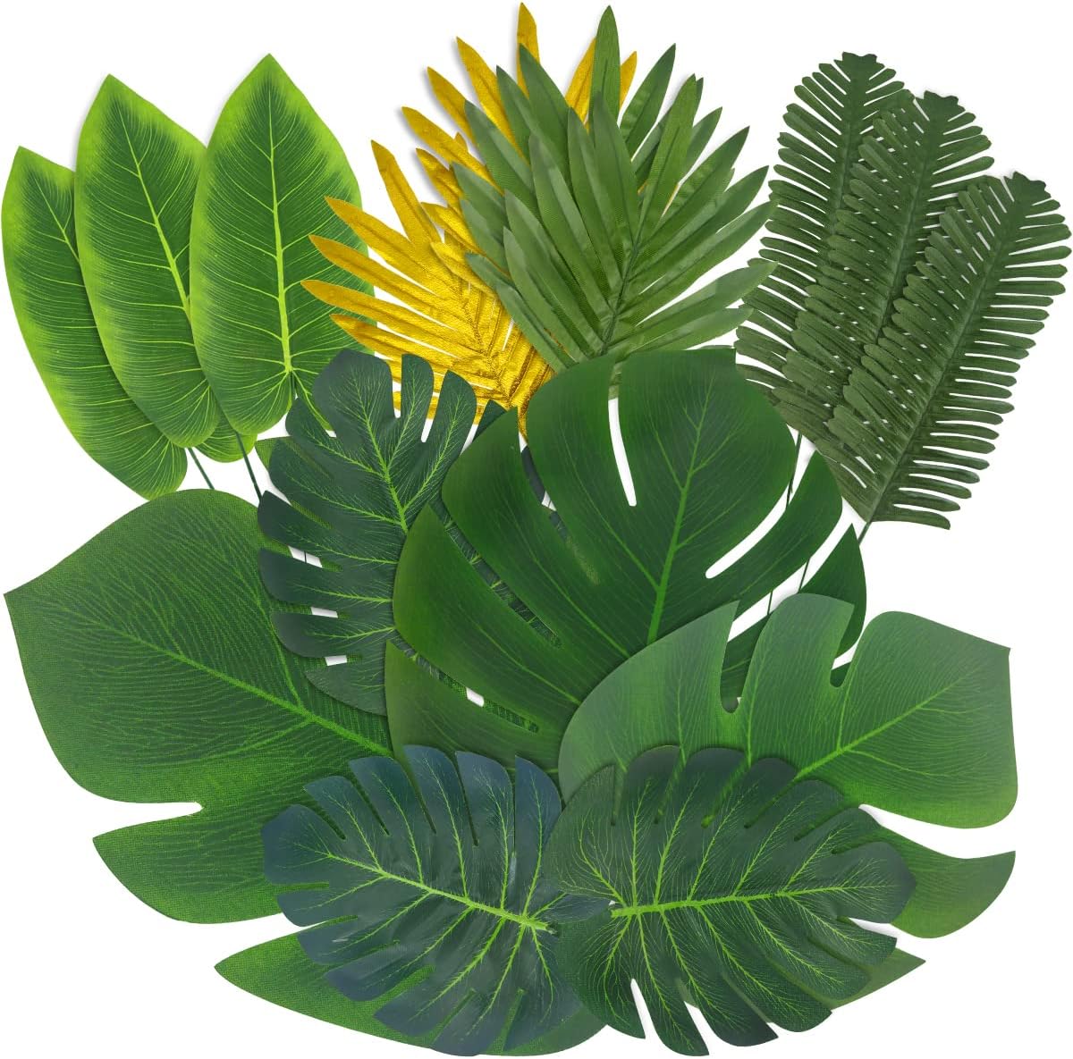 LuXianYS 54 Pieces of 4 Kinds of Fake Leaves, Tropical Palm Leaves, Monstera Leaves, Artificial Leaves, Artificial Plants Palm Leaves for Jungle Party Decorations Flower Arrangement Home Decor