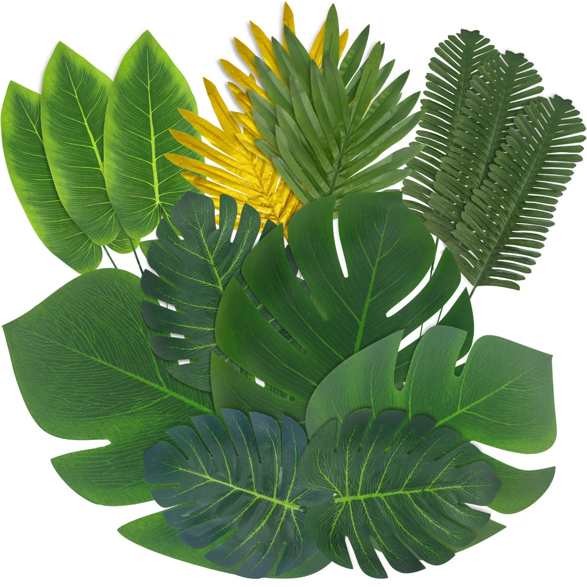 LuXianYS 54 Pieces of 4 Kinds of Fake Leaves, Tropical Palm Leaves, Monstera Leaves, Artificial Leaves, Artificial Plants Palm Leaves for Jungle Party Decorations Flower Arrangement Home Decor