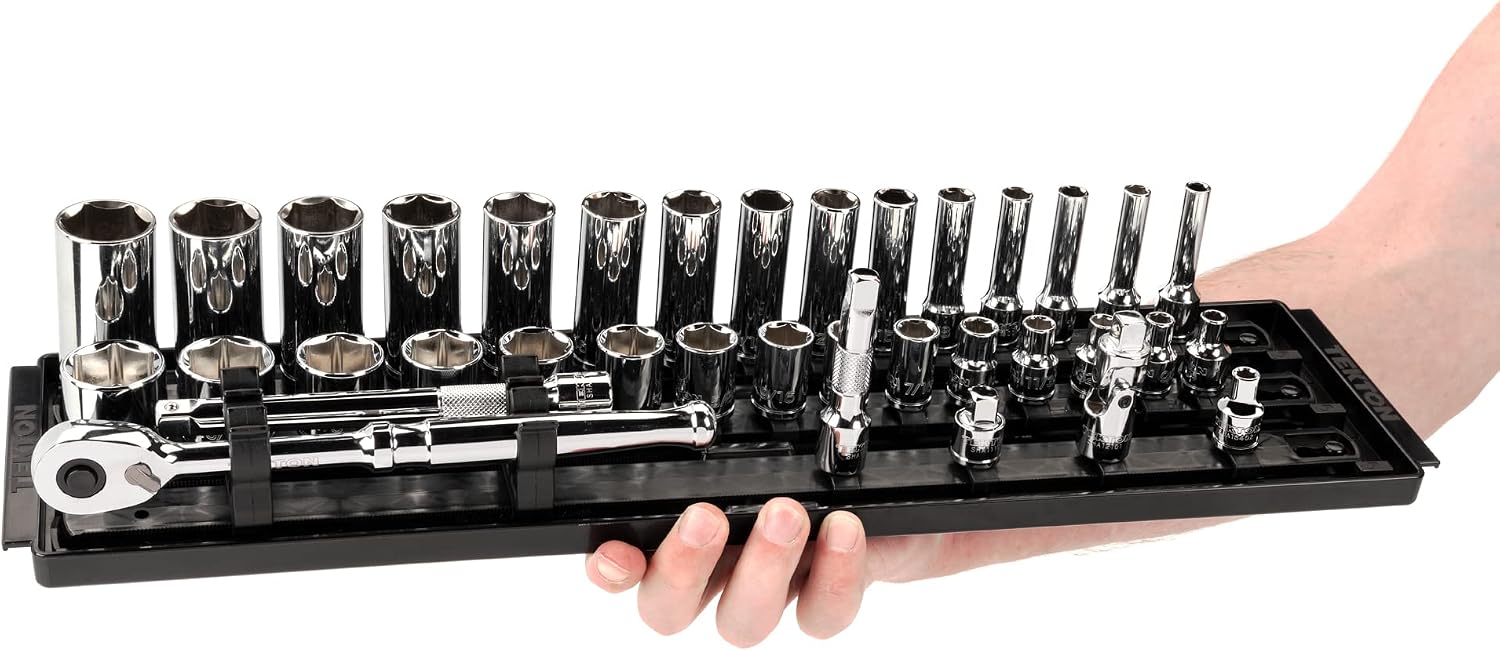 TEKTON 3/8 Inch Drive 6-Point Socket and Ratchet Set with Rails and Tray, 36-Piece (1/4-1 in.) | SKT13101