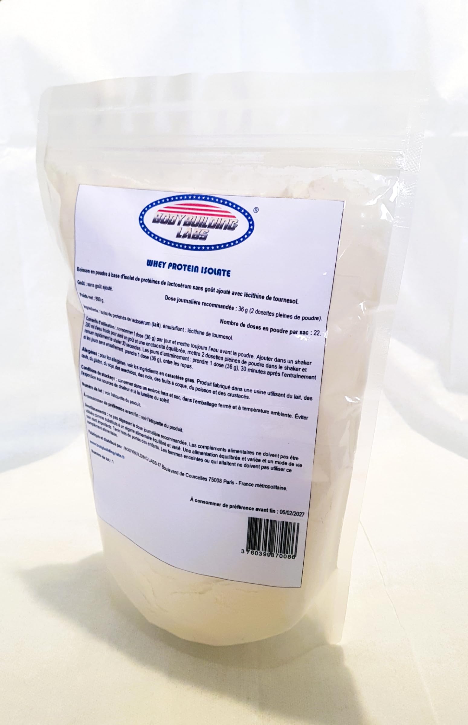Whey Protein Isolate sans arôme 800 g | 87% de protéines, contient du calcium, magnésium, phosphore, potassium | Par dose : 31,39 g de protéines, 7,17 g de Bcaa et 5,41g de Glutamine