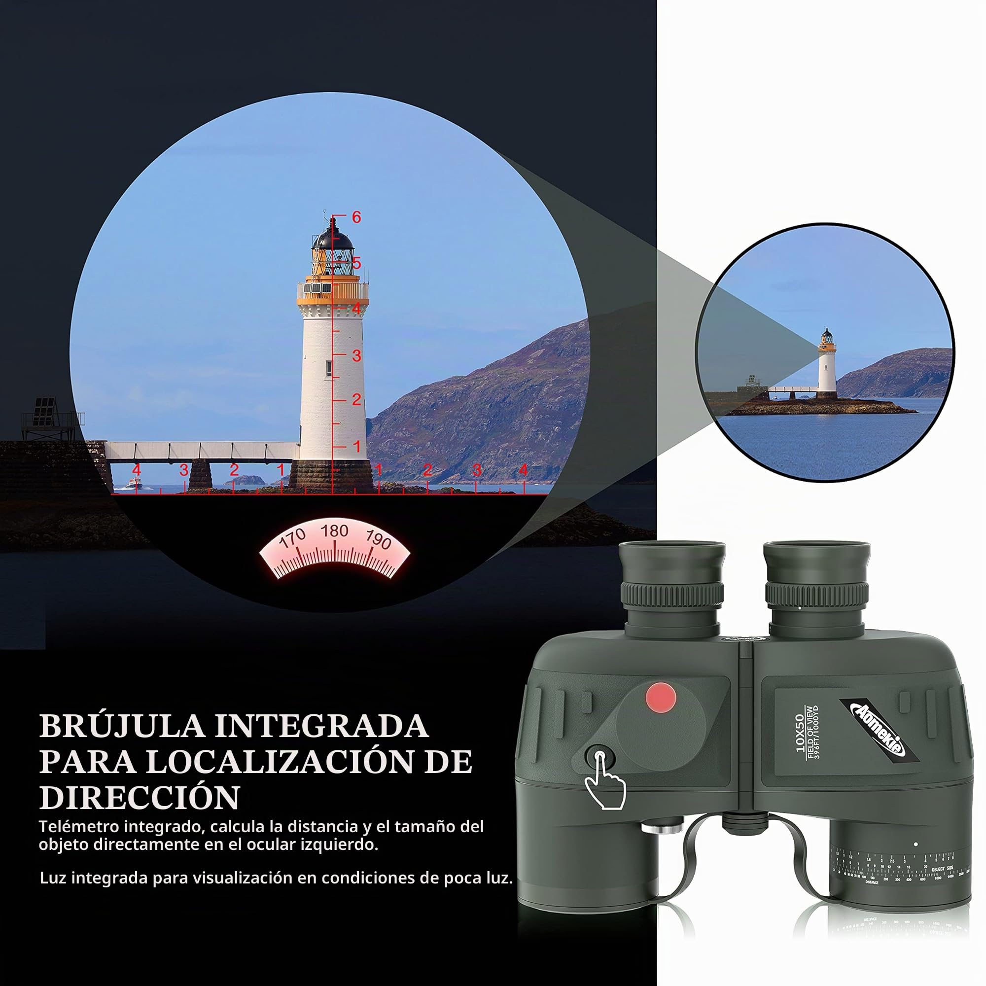 Aomekie Prismáticos Marinos 10X50 BAK4 Prismáticos Militares de Navegación de Uso Militar para Navegación Canotaje Pesca Deportes Acuáticos