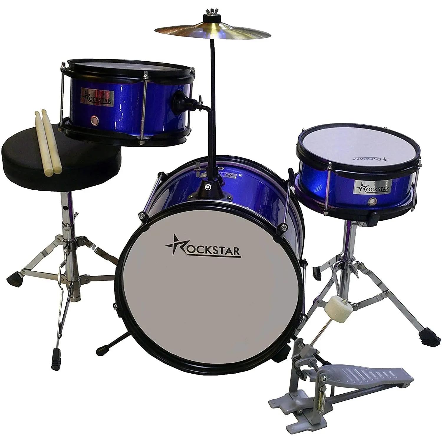ROCKSTAR - Batería Iniciacion Fabricada de Madera 1044BL Instrumento Musical Percusión Asiento Pedal de Bombo y Baquetas