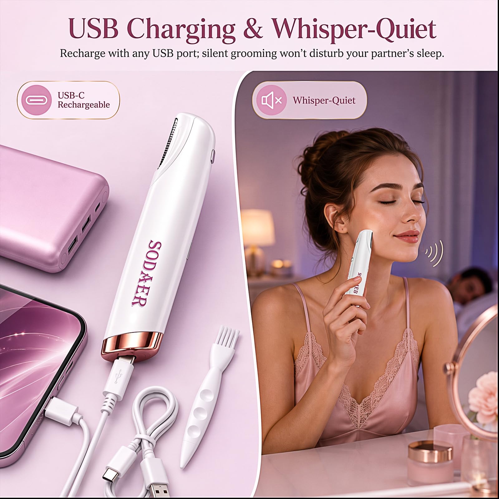 Sonic Dermaplaning Rasoir pour femme, épilateur facial avec lumière LED, blanc