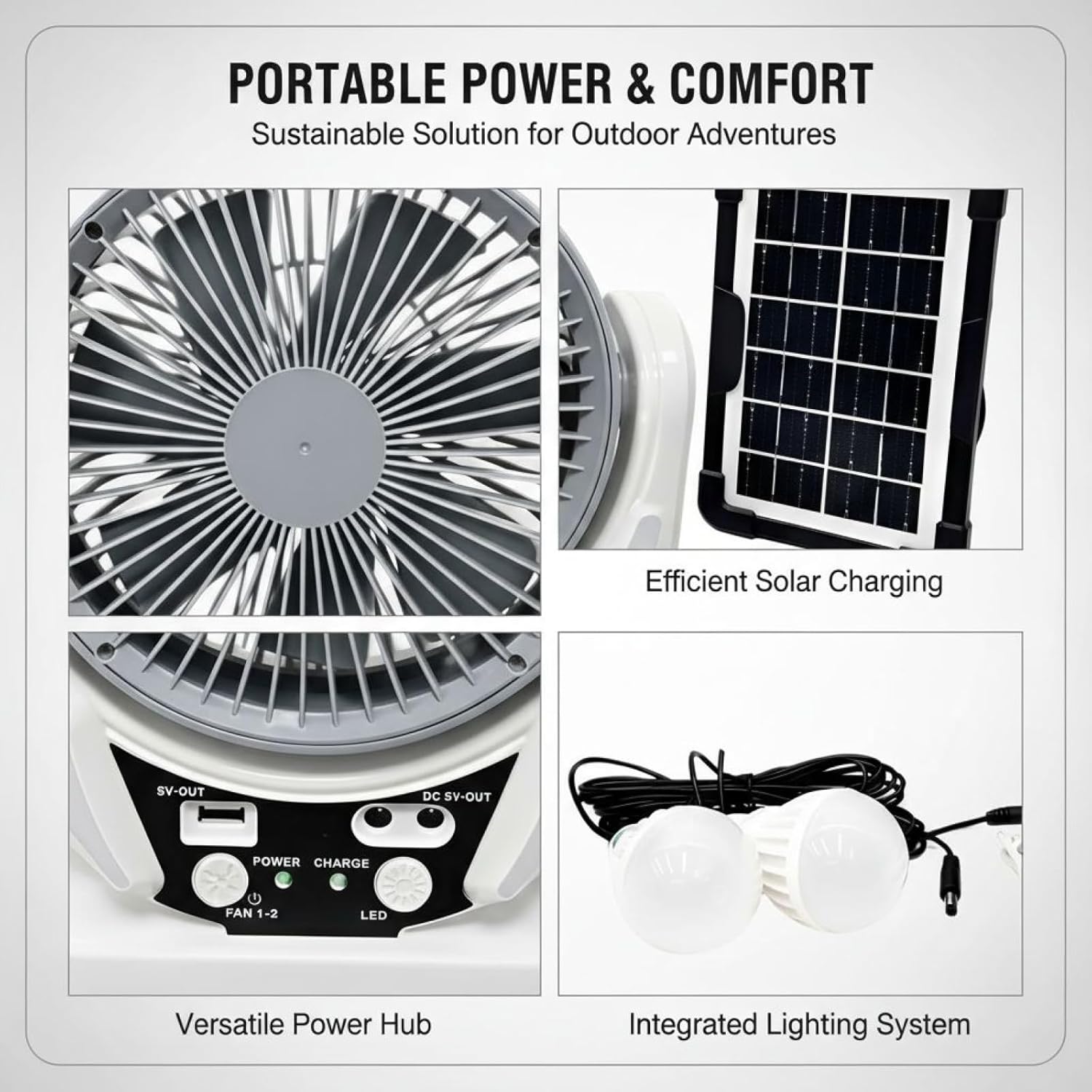 Camping Fans, 8-Inch Portable Rechargeable Tent Fan For Home, Outdoor Use, With Solar Panel, 2 Led Bulbs, 2-Speed, 3600Mah Battery Operated, For Power Outages