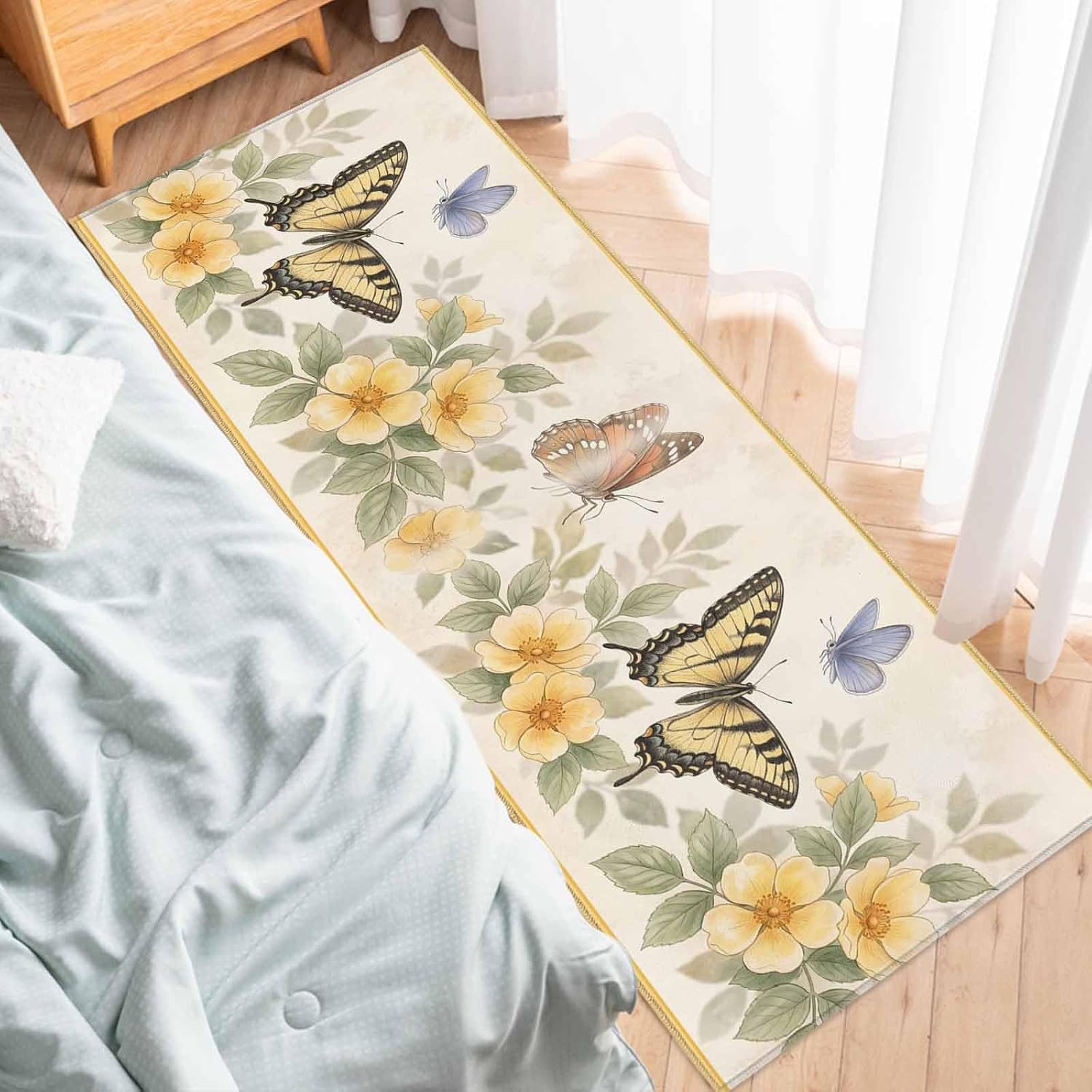 Kitchen Mats for Floor Retro Watercolor Flower Butterfly Washable Non Slip Kitchen Rugs 1PCS, Blossom Floral Leaves Plant Absorbent Standing Mats for Sink Bathroom Office Living Room 15.7x47.2in