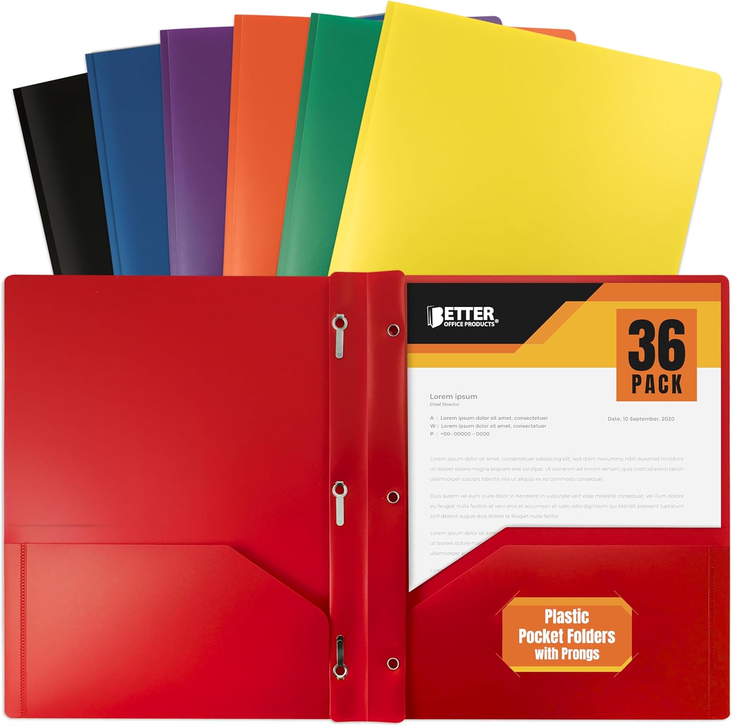 Better Office Products Poly 2 Pocket Folders with Prongs, Heavyweight, 36 Pieces, Assorted Primary Colors