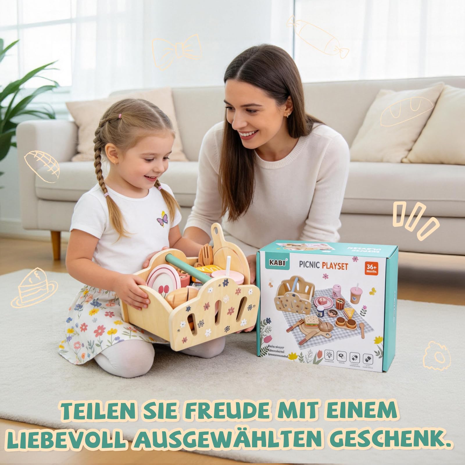 Potatomato Kinder Picknick-Set mit Teeservice Kinder inkl Dessertspielzeug - Holzspielzeug und Outdoor-Gartenspielzeug Jungen und Mädchen