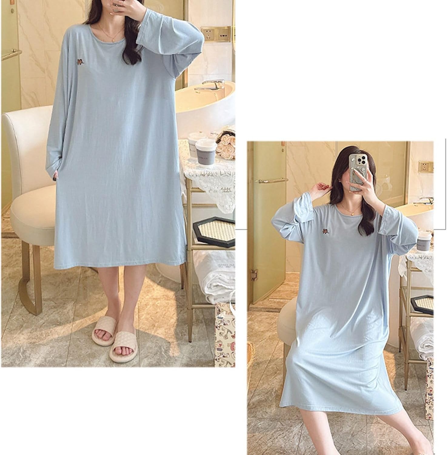 ネグリジェ ロングTシャツ 長袖 胸パッド入り 大きいサイズ 部屋着 ワンピースパジャマ M-5XL ルームワンピース ストレッチ