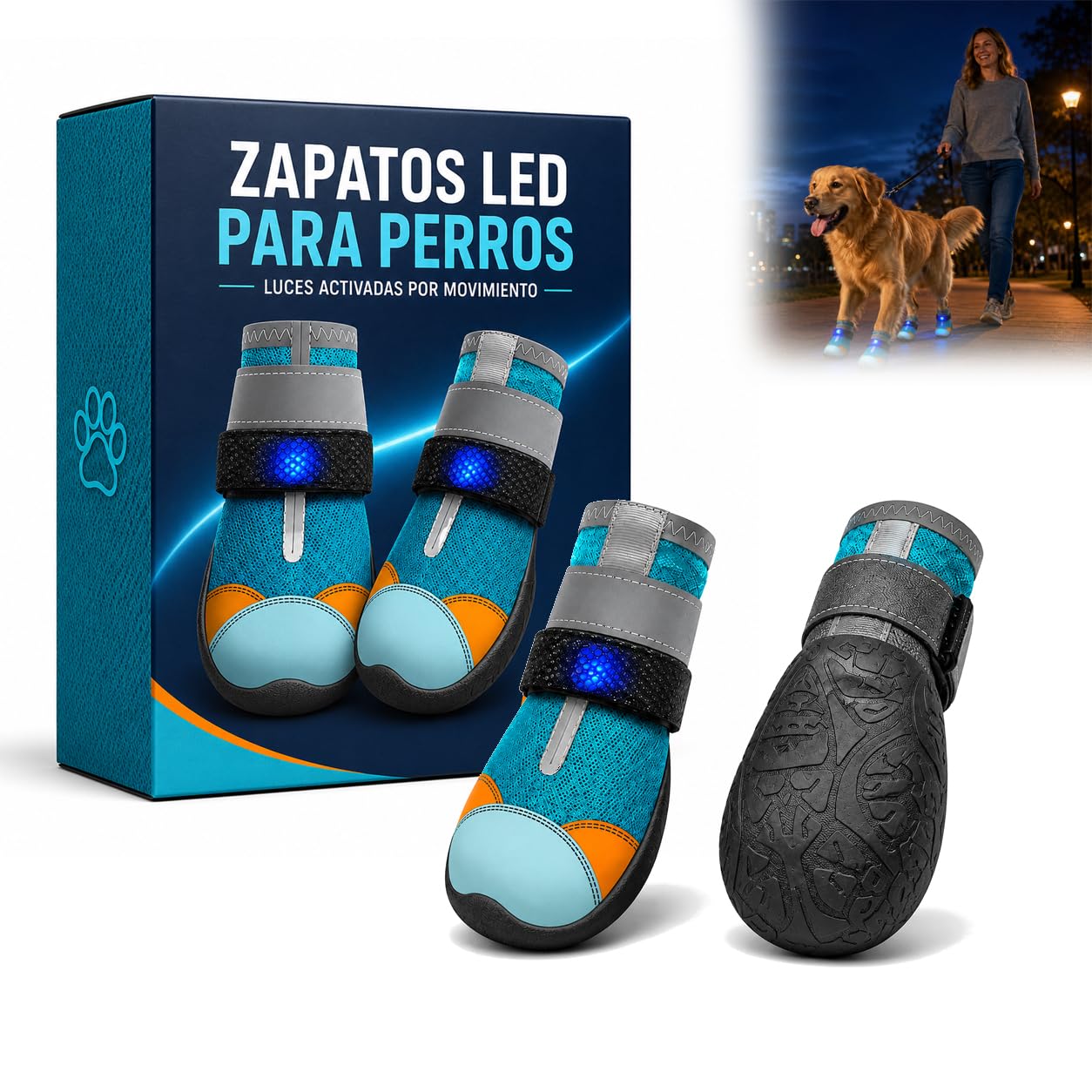 Zapatos para Perros con Luces, Botas LED Antideslizantes, 2 Piezas