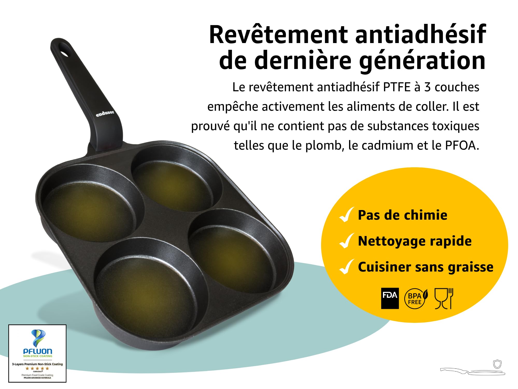 endusor Poele Pancakes et oeuf au plat - Poele de 21 cm adaptée à toute cuisinière + revêtement anti-adhésif & couvercle | Induction Gaz Céramique Électrique Halogène | 4 trous pour oeuf crêpe