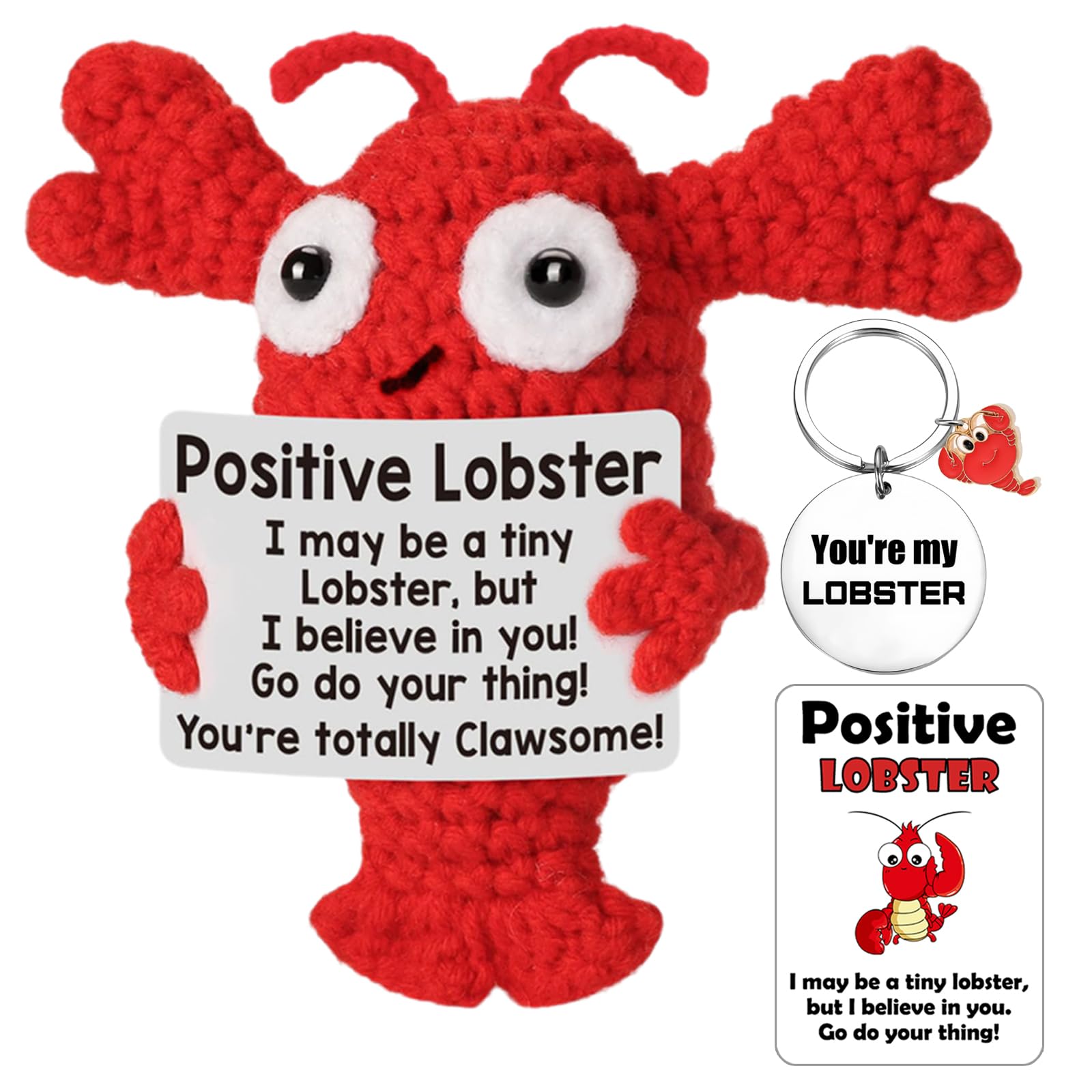 Vspek Positive Lobster Doll, Emotion Support Gift, Positive Crochet Animals with You're My Lobster Keychain, Card, Birthday Gift for Boyfriend, Girlfriend, Wife, Husband, Couple, Office Décor — image 1