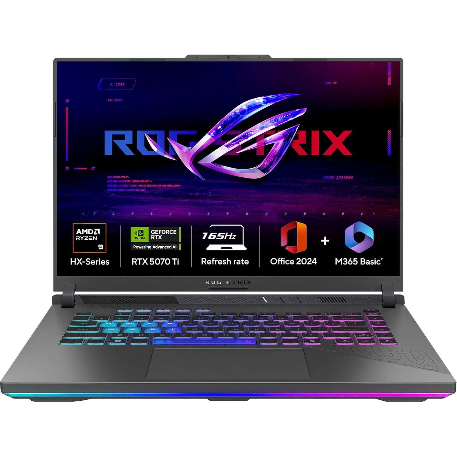 ASUS ROG Strix G16, AMD Ryzen 9 8940HX Gaming Laptop (RTX 5070 Ti/140W TGP/16GB RAM/1TB SSD/FHD+/16"/165Hz/90WHrs/Windows 11/M365 Basic (1Year)*/Office Home 2024/Eclipse Gray/2.5 Kg) G614PR-RV032WS