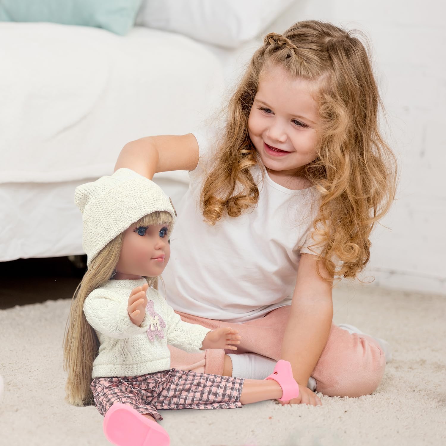 18 Inch Girl Doll Set with 4 Accessories—Knit Top, Plaid Wide-Leg Pants, Shoes, Knit Hat—Perfect for 18 Inch Dolls, an Ideal Gift for Girls and Children (Doll Included).