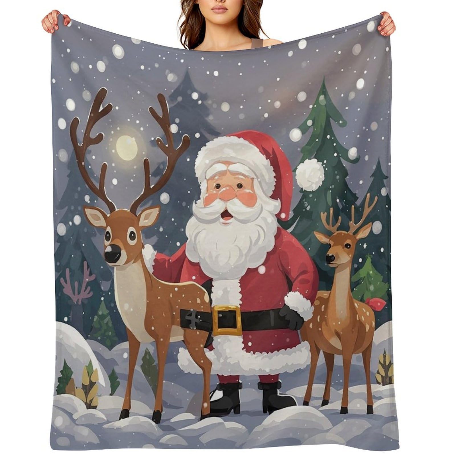 Flannel Santa Claus and Deer Elk Throw Blanket for Couch Super Soft Fuzzy Cozy Flannel Blankets No Shed No Pilling FAnti-Static Winter Bed Blanket Decorative and Giftable Blankets