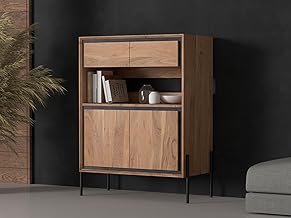 INMARWAR Wooden Sideboard Cabinet | Kitchen Storage Unit with Shelf, 2 Drawers and 2 Doors | Buffet Cabinet for Living Room | Solid Acacia Wood & Steel, Natural & Black Powder-Coated Metal Finish