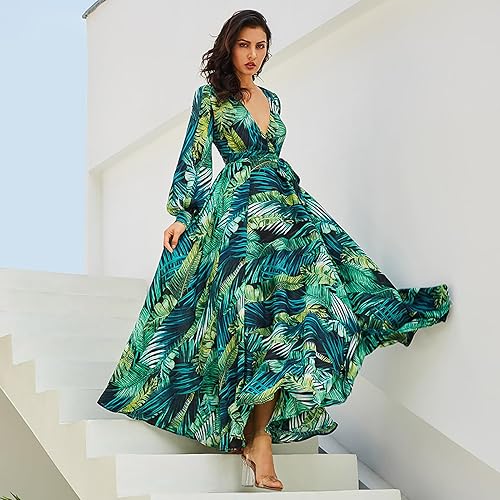 Miniatura 2 de IVERIRMIN Vestido largo de gasa con cuello en V bohemio para mujer, manga larga, estampado floral tropical, bohemio, fluido