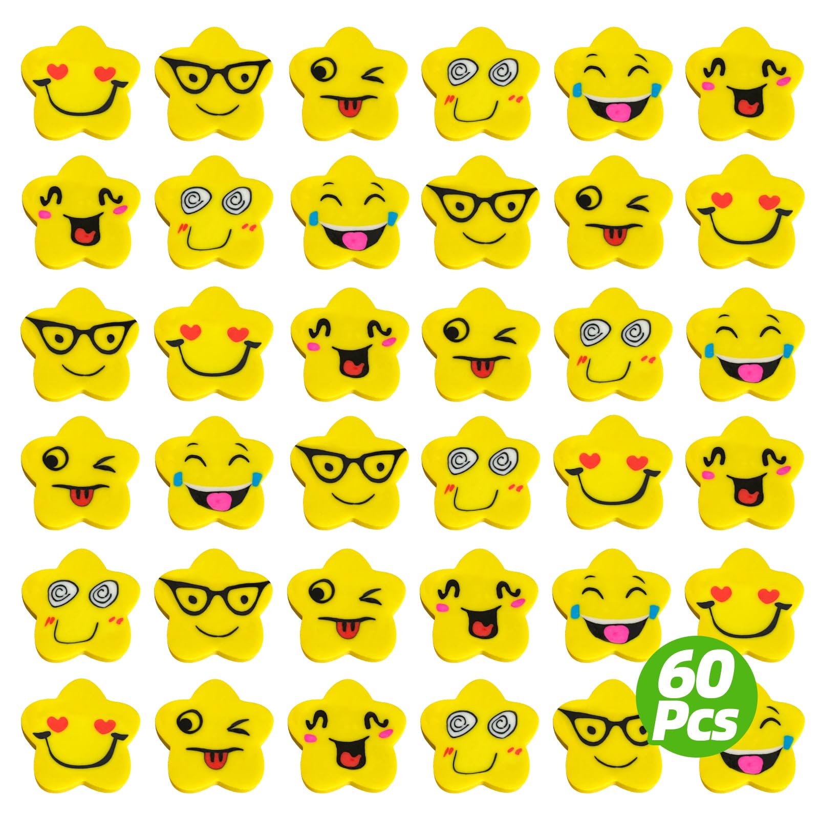 Kaemi 60 Pcs Smiley Mini Erasers - Bulk Novelty Fun Emoticon Cute Erasers for Party Favors, Home, School, Work & Classroom Prizes