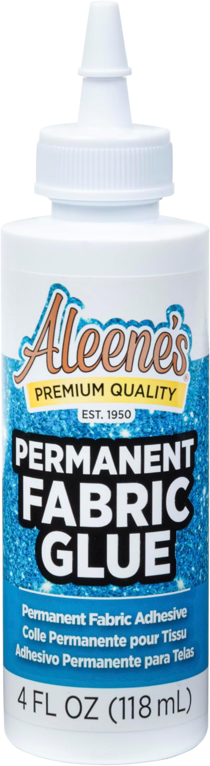 Aleene's Permanent Fabric Glue 4 fl oz, Machine Washable Adhesive, No-Sew Strong Bond Adhesive for Clothing, Denim, Polyester, Cotton, Flannel Materials, Dries Flexible
