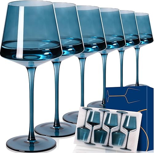 Cyrelwing Juego de 6 copas de vino azul de 18 onzas, juego de regalo para esposa y mamá, coloridos vasos de vidrio soplado a mano para vino tinto y disponible en Yaxa Costa Rica