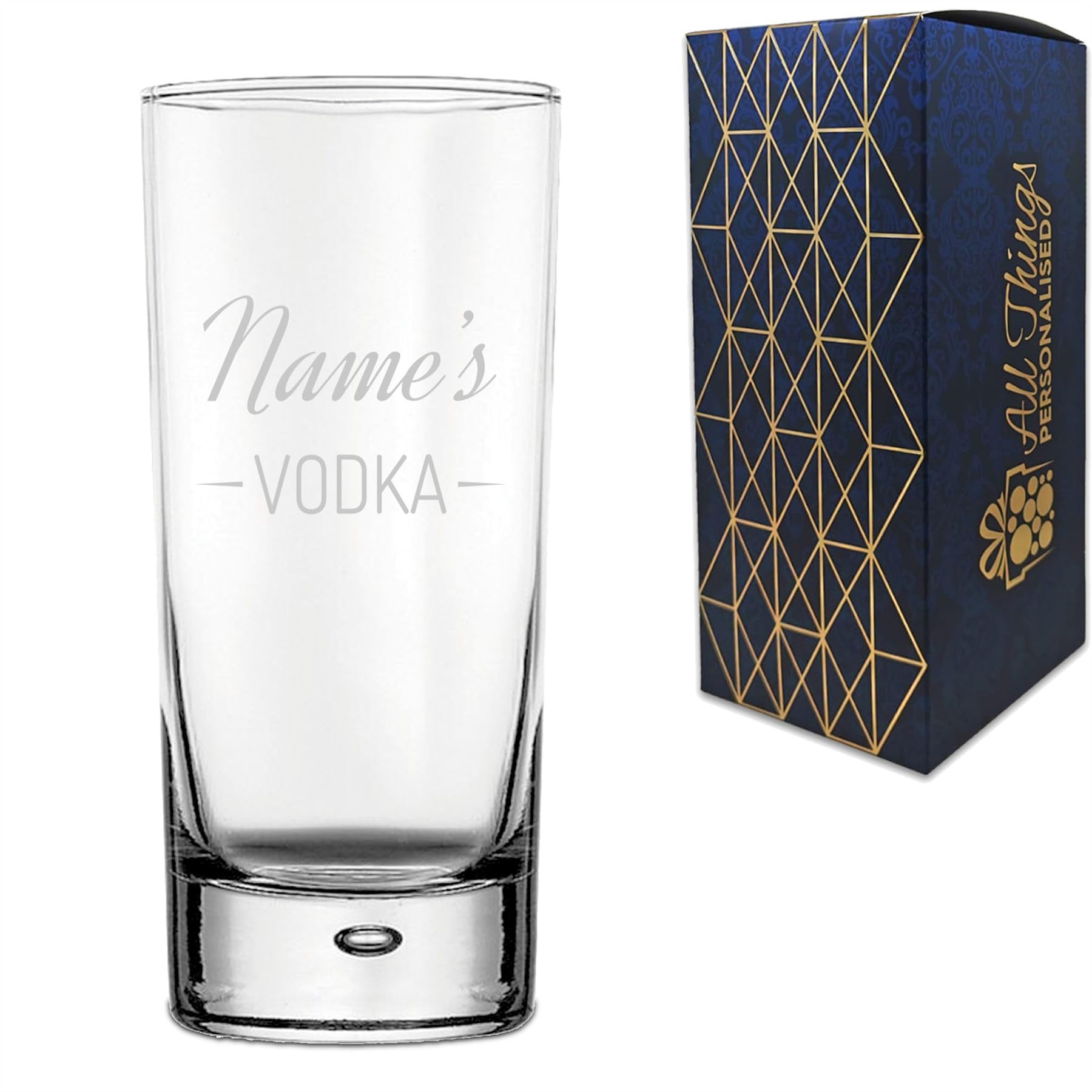Personalised Engraved Novelty Vodka Bubble Hiball Tumbler Glass with 'Name's Vodka' Design, Customise with Any Name for Any Occasion, Gift Box Included, Laser Engraved