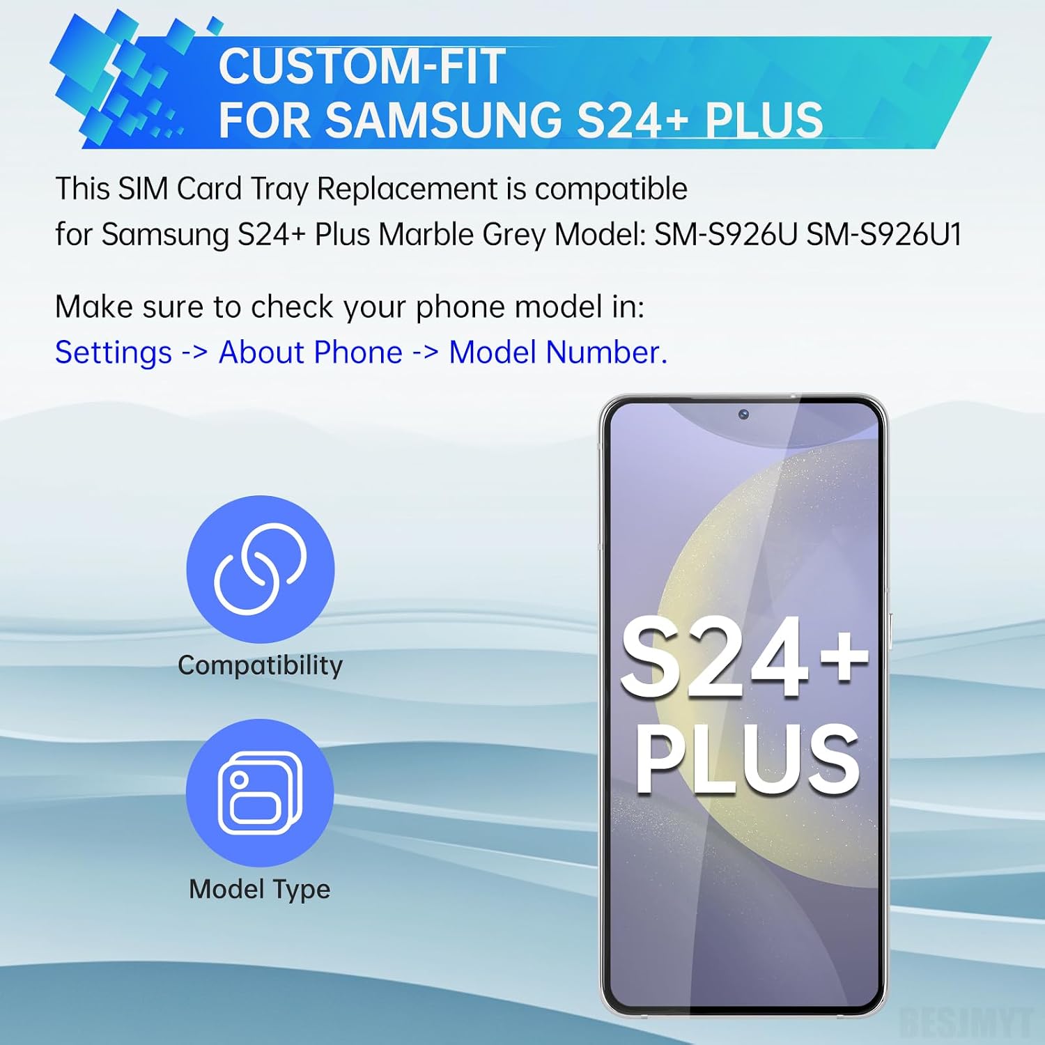 Sim Card Tray Replacement for Samsung Galaxy S24 Plus Marble Grey | Card Tray Slot Holder Bracket Adapter Single SIM Version with Needle Ejector for S24+ Plus SM-S926U SM-S926U1