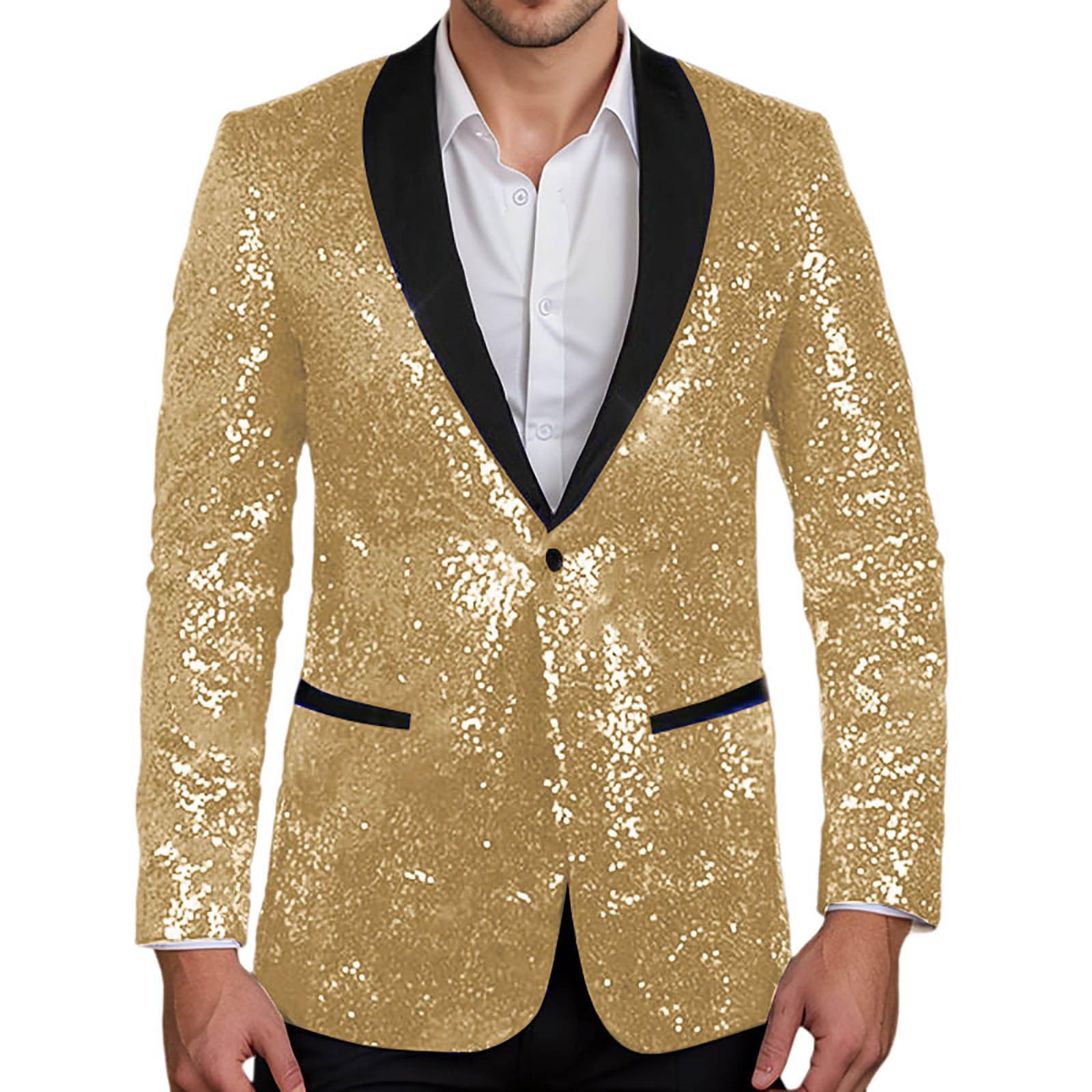 Veste à paillettes pour homme - Doré à paillettes - Coupe ajustée - Manteau de mariage - Manteau à manches longues - Costume de performance pour mariage et fête - Vêtements de smoking