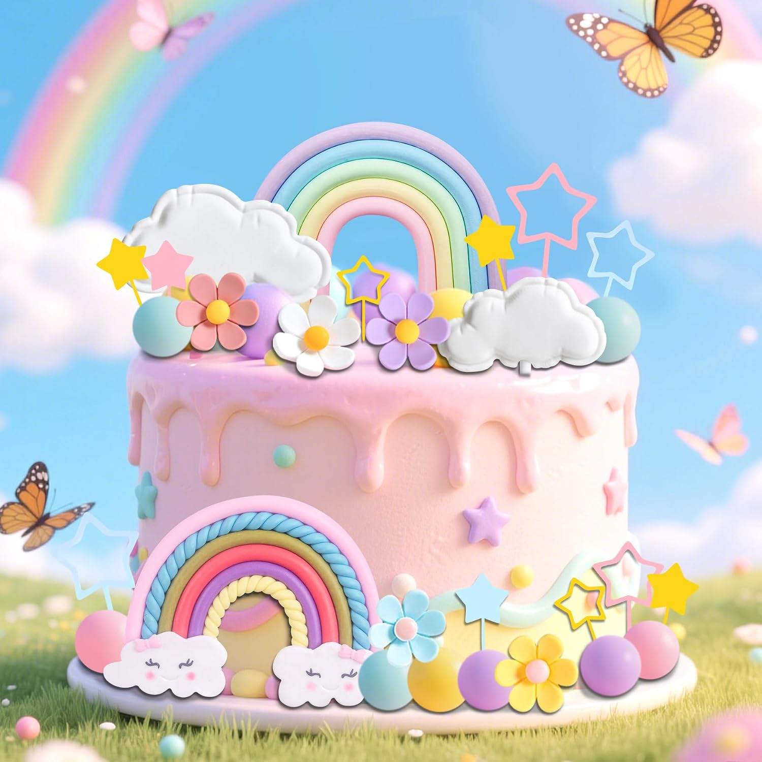 Rainbow Cake Topper Rainbow Theme Party Supplies Pastel Balls Cake Topper