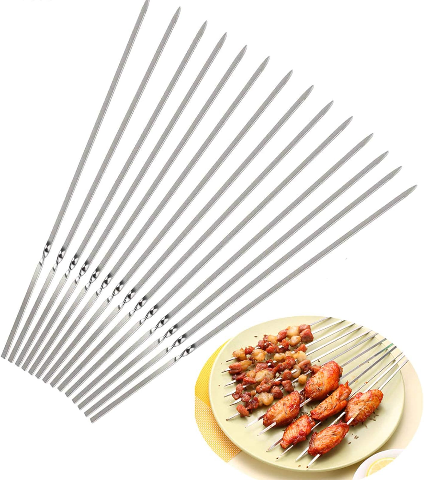 U-HOOME Barbecue Skewers Stainless Steel 16'' Flat Metal Grilling Skewers Set, Reusable BBQ Sticks Set of 20