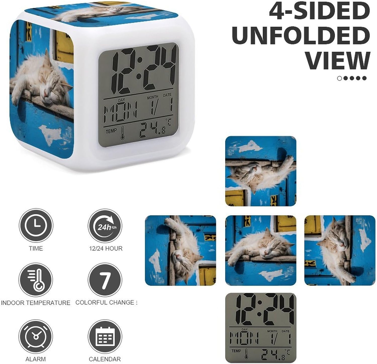 Sleeping Little Cat Alarm Clock Night Light Alarms for Bedroom Smart Digital Alarm Clock LED Display Clocks with 7 Colorful Ambient Lights Sleep Timer for Heavy Sleepers Simple Operation image 4