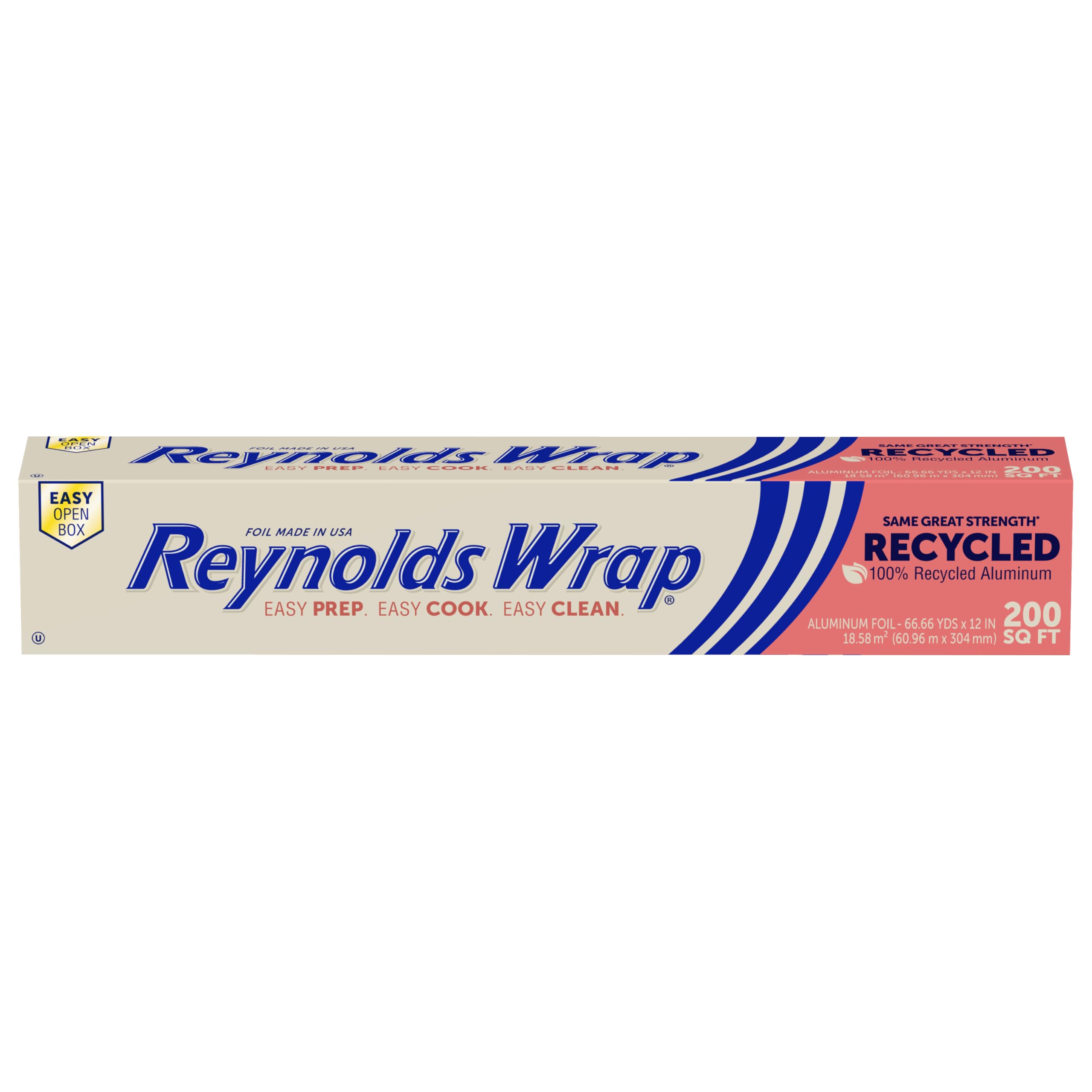 Reynolds Wrap Recycled Aluminum Foil, Recycled Foil Roll, Made From 100% Recycled Materials, With Secure Easy Open and Close Tab, 200 Sq. Ft.