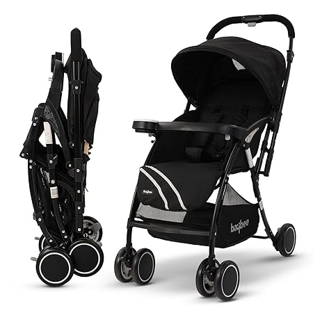 Baybee Portable Infant Baby Stroller for Babies with 3 Position Adjustable Seat & Canopy, Reversible Handle, Safety Belt & Storage| Travel Baby Stroller for Baby Toddlers 0 to 3 Years Boy Girl (Black)