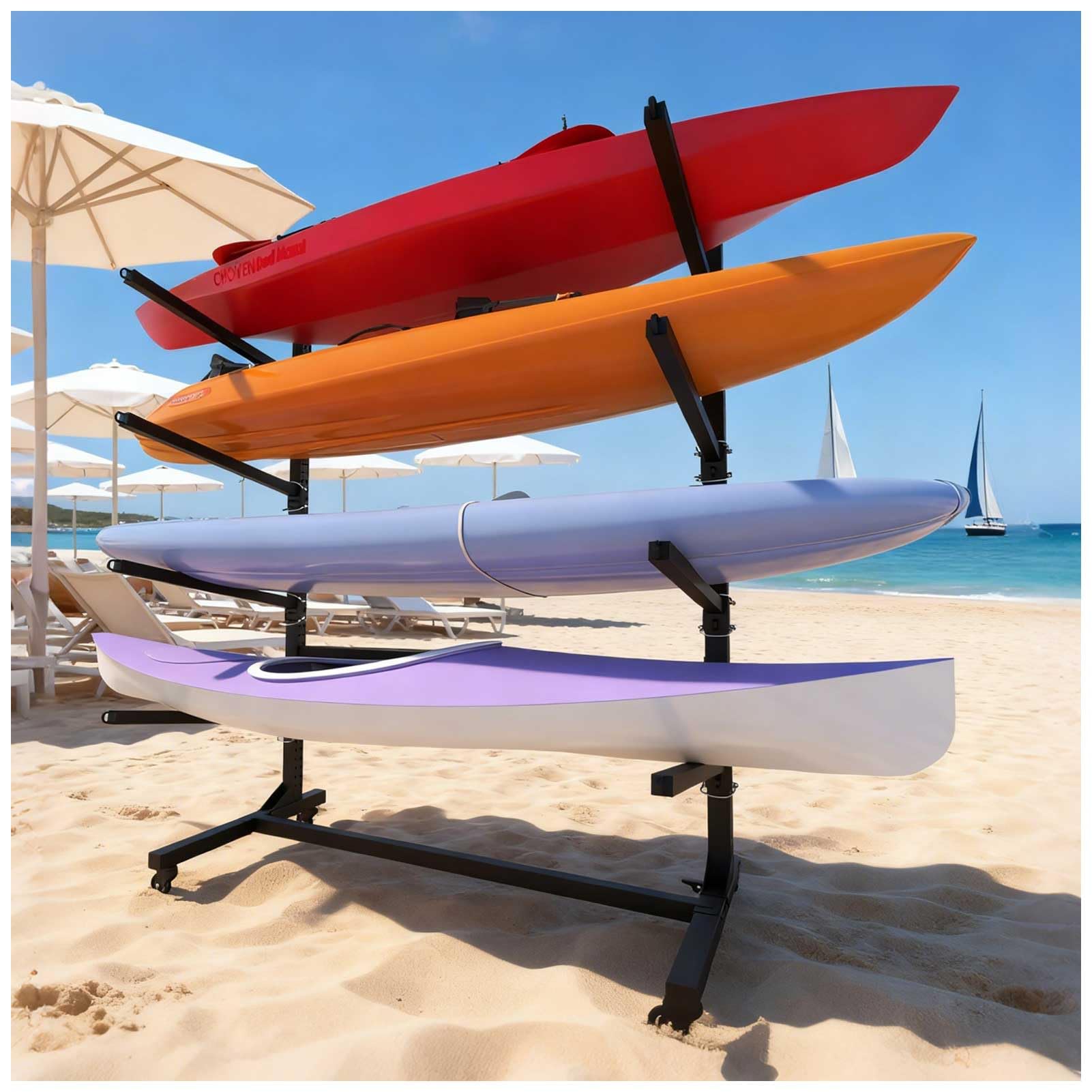 Kajak-Aufbewahrungsgestell mit Rädern, Hochbelastbarer, Verstellbarer, Freistehender SUP-Aufbewahrungsständer, Aufbewahrungsgestell für Kajaks, SUPs, Kanus und Paddleboards,4 Levels for 4 Kayaks