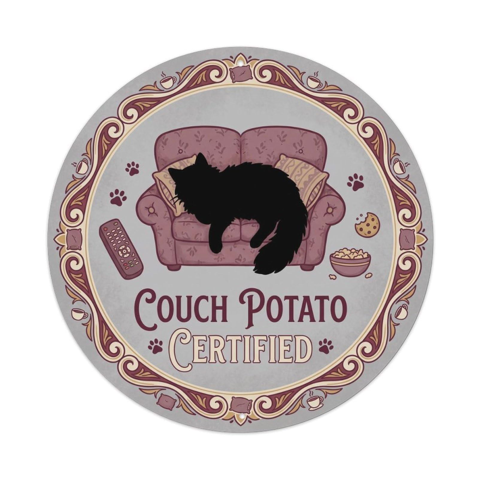 Vintage Couch Potato Certified Lazy Metal Tin Sign Plaque Wall Decor for Cafe, Club, Garden Round Metal Poster 8x8Inch