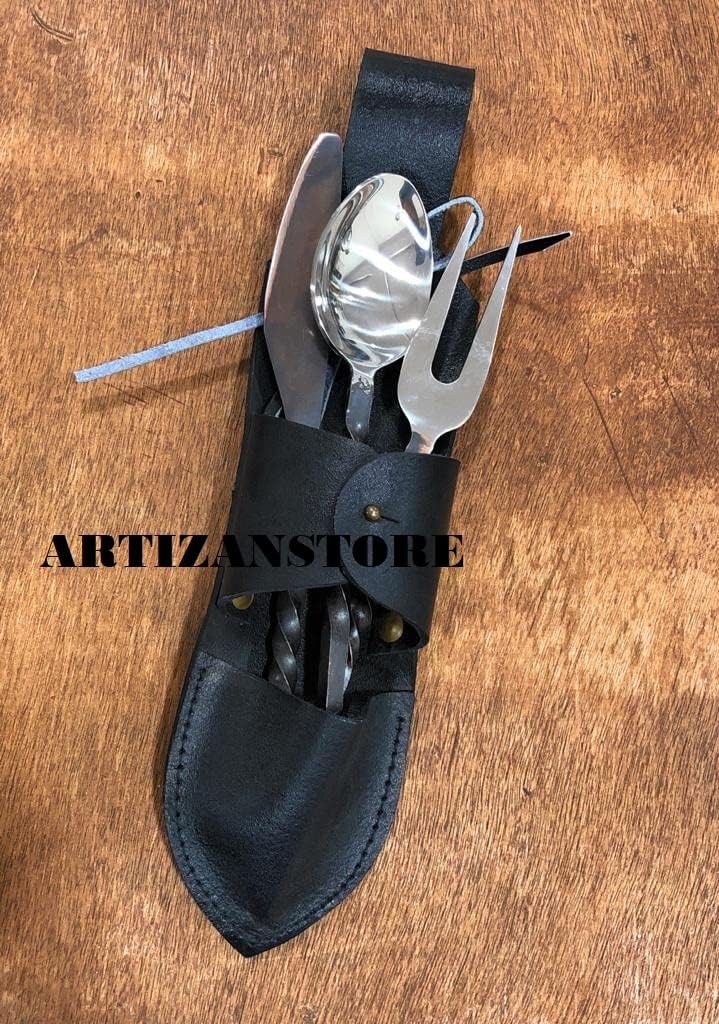 Hand Forged Medieval Iron Eating Cutlery Set with Leather Belt Pouch, Viking Feast ware, Art Collection, Antiquity, Fork, Knife and Spoon Medieval Eating Utensil Set, Great Gift as Collectible
