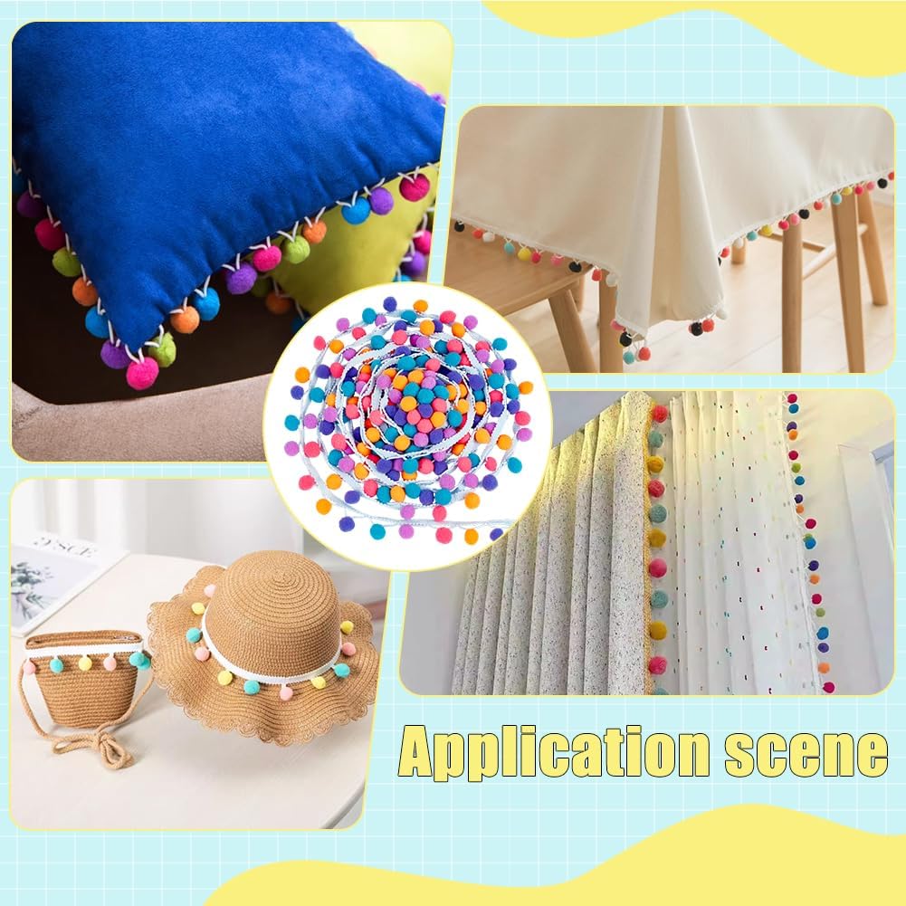 PH PandaHall 6.5 Yards Pom Poms Ball Fringe Trim 3/4 inch Colorful Trim Fringe Pompoms Ribbons Sewing Ribbon Tassel Lace Ribbon for Sewing Pillow Clothes DIY Crafts Party Home Curtain Decoration