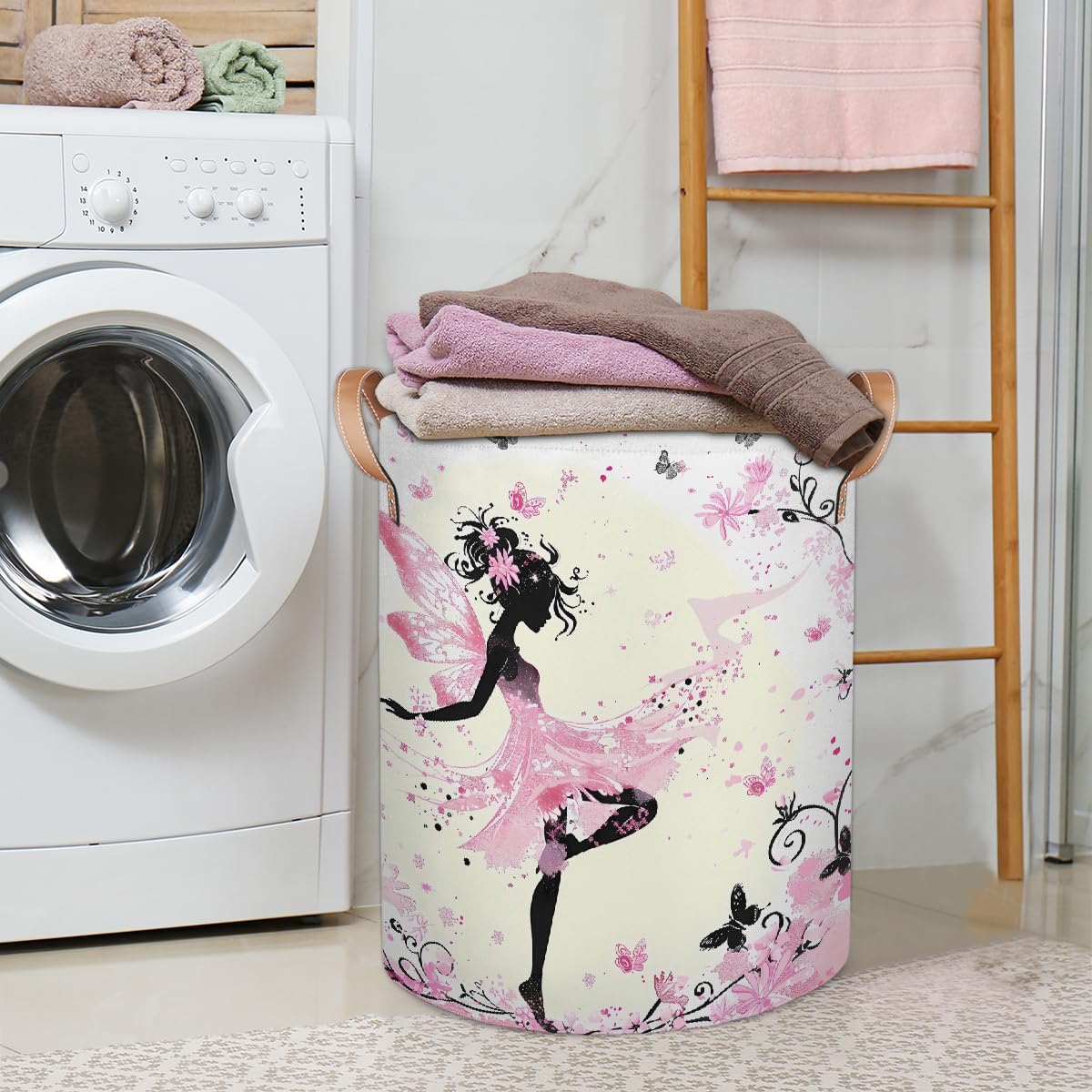 Laundry Basket Cute Pink Fairy Butterfly Girls Foldable Laundry Hamper with Handles Tote Bag Clothes Storage Bucket Toy Organizer for Bathroom Laundry