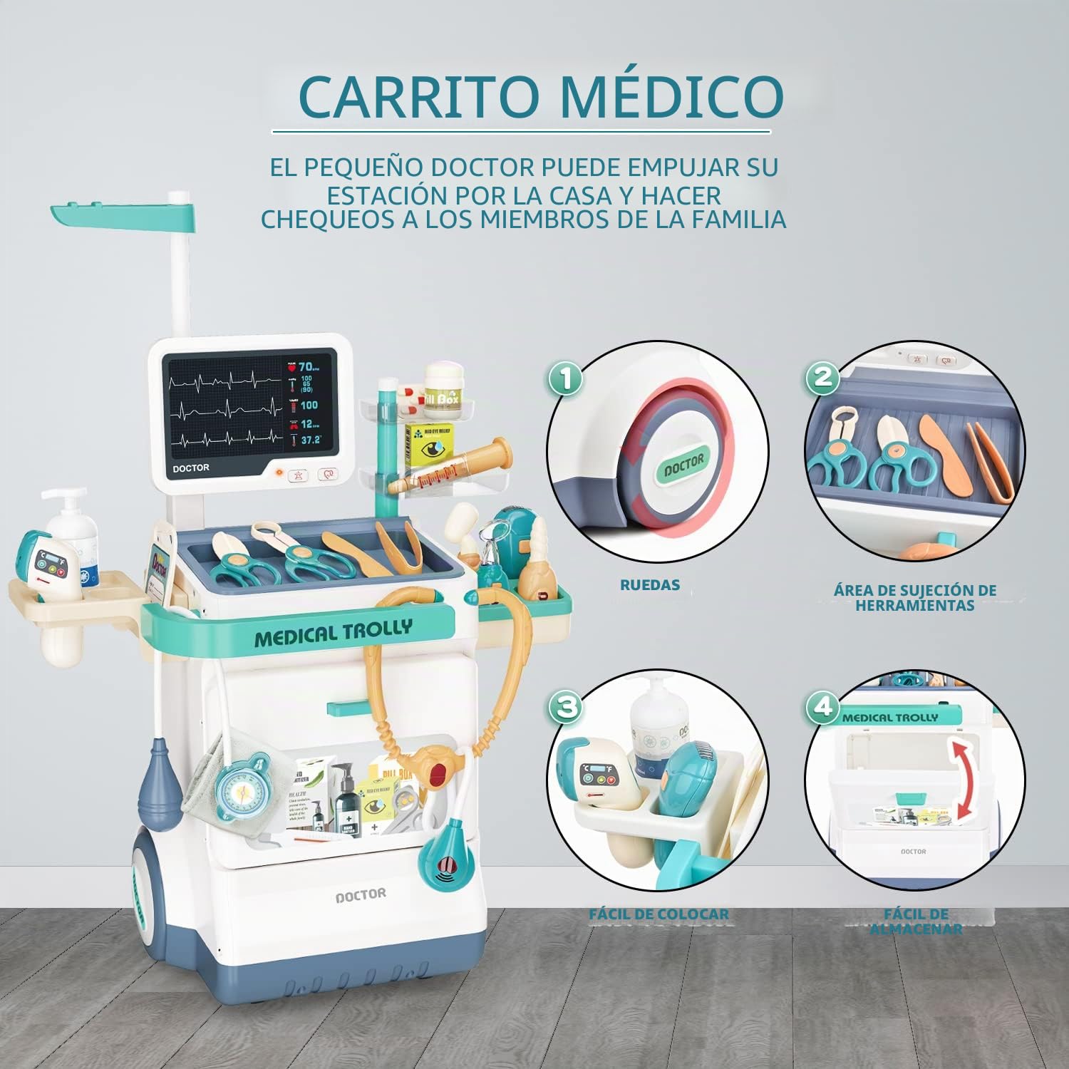 Sotodik Medicos Juguete 26PCS Juguetes de Medicos Accesorios con Luces y Sonido, Termómetros, Estetoscopios el Papel de Carrito Móvil Juguetes Educativos para Niños