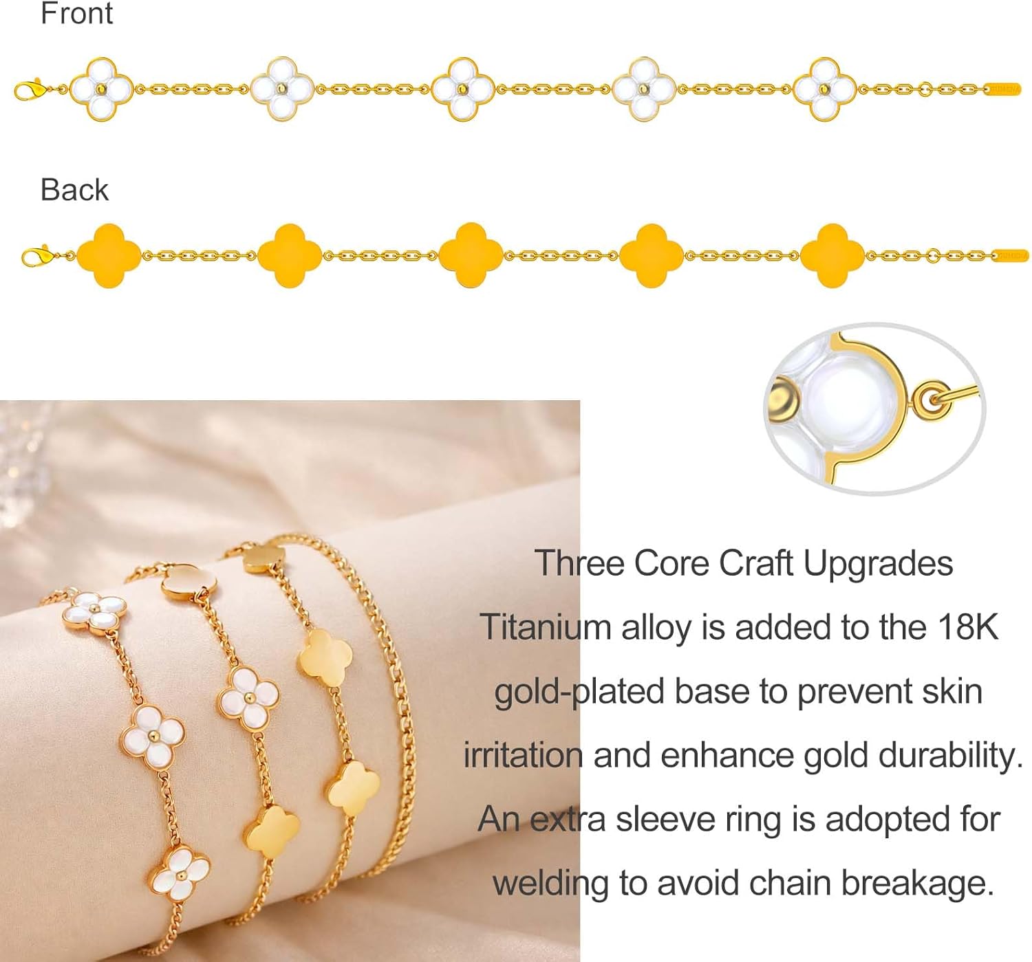 Bracelets for Women, Adjustable Lucky Clover Flower Charm Link Bracelet Gift, Dainty Four Leaf Jewelry Gift for Her - Image 5