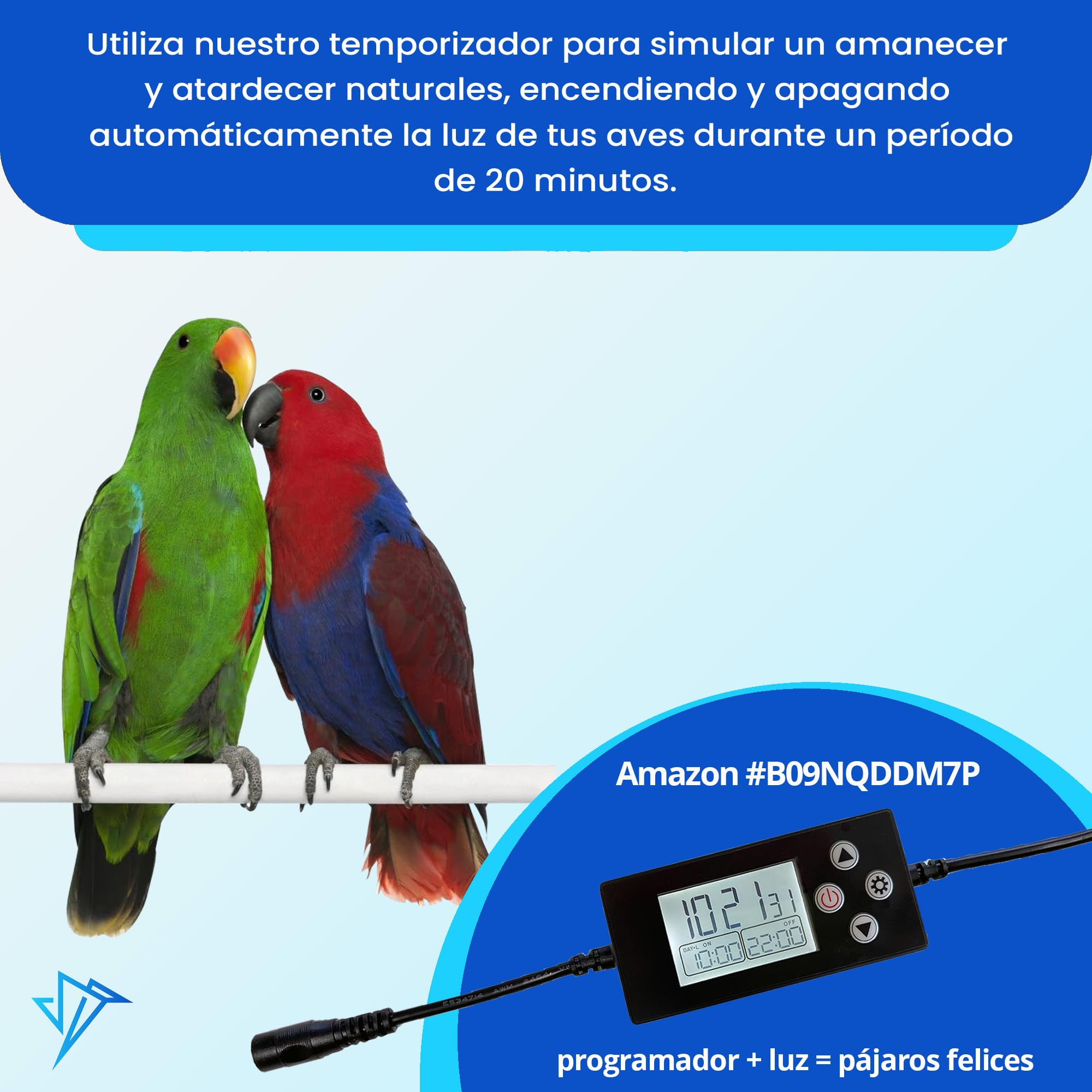 Lámpara para Jaula de Pájaros HappyBird con Protección Antimordedura – Iluminación LED de Espectro Completo – Simulación del Entorno Natural – Segura para aves con pico curvo – Fácil de instalar