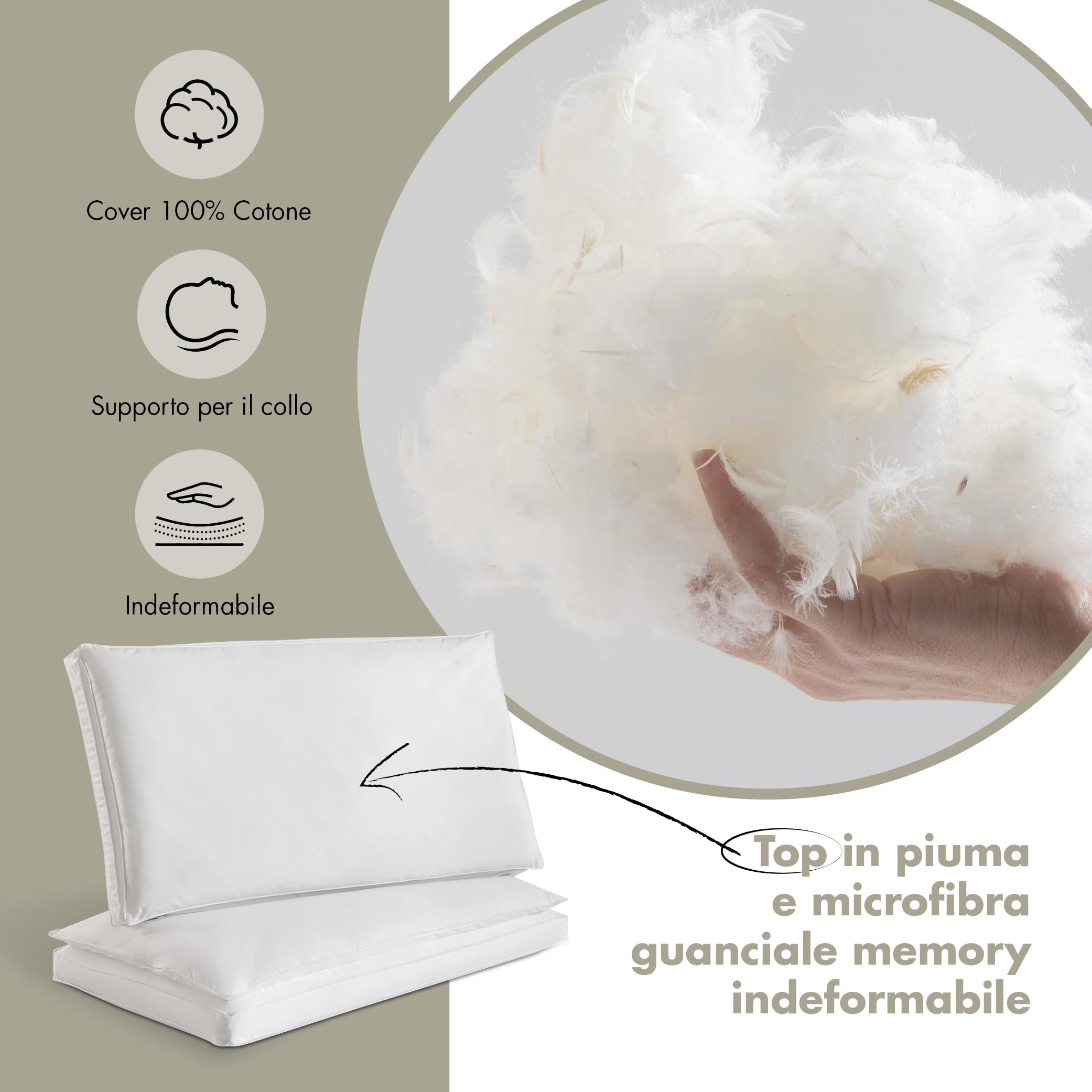 EMTEX Cuscino Letto DOPPIO COMFORT ANTIBATTERICO Lato PIUMA D'OCA/MICROFIBRA Lato MEMORY FOAM Viscoelastico SFODERABILE 100% COTONE Antipiuma Made in Italy (1, BIANCO)