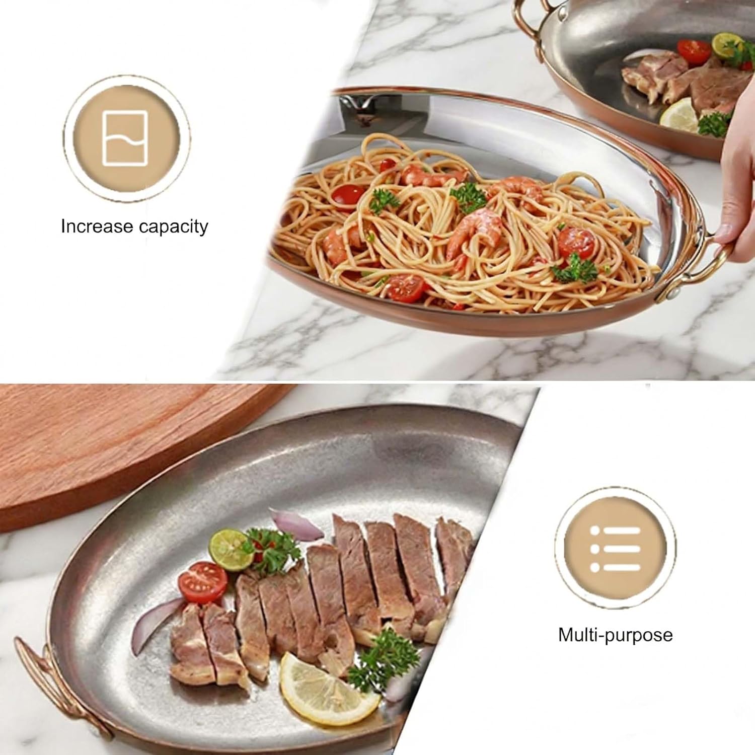 Premium Paella Pan with Gold Handles & 4-piece Flatware Set, Induction & Gas Compatible Skillet for Perfect Paella, Risotto & More - Double Ears Design