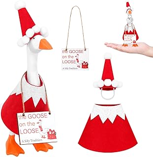 SelfTek 7 Inch Desk Goose Outfits - Christmas Mini Desk Goose Santa Outfit, Magnetic Goose Statue Key Holder Clothes for Table Decoration (Red and White)