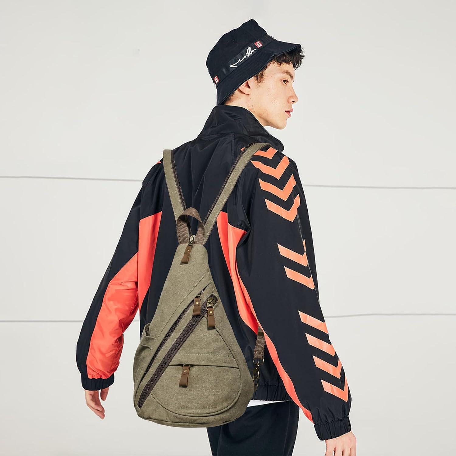 KL928 Canvas Sling Bag - Small Crossbody Backpack Shoulder Casual Daypack Rucksack for Men Women(Large Version,Olive Green) - Image 8